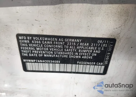 2012 Volkswagen Cc Sport z USA, uszkodzony, nr VIN WVWMP7AN4CE534089